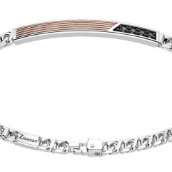 Bracelets | Zancan Gioielli Zancan Silver Curb Chain Bracelet With Tag And Rose Gold Inserts And Black Stones.