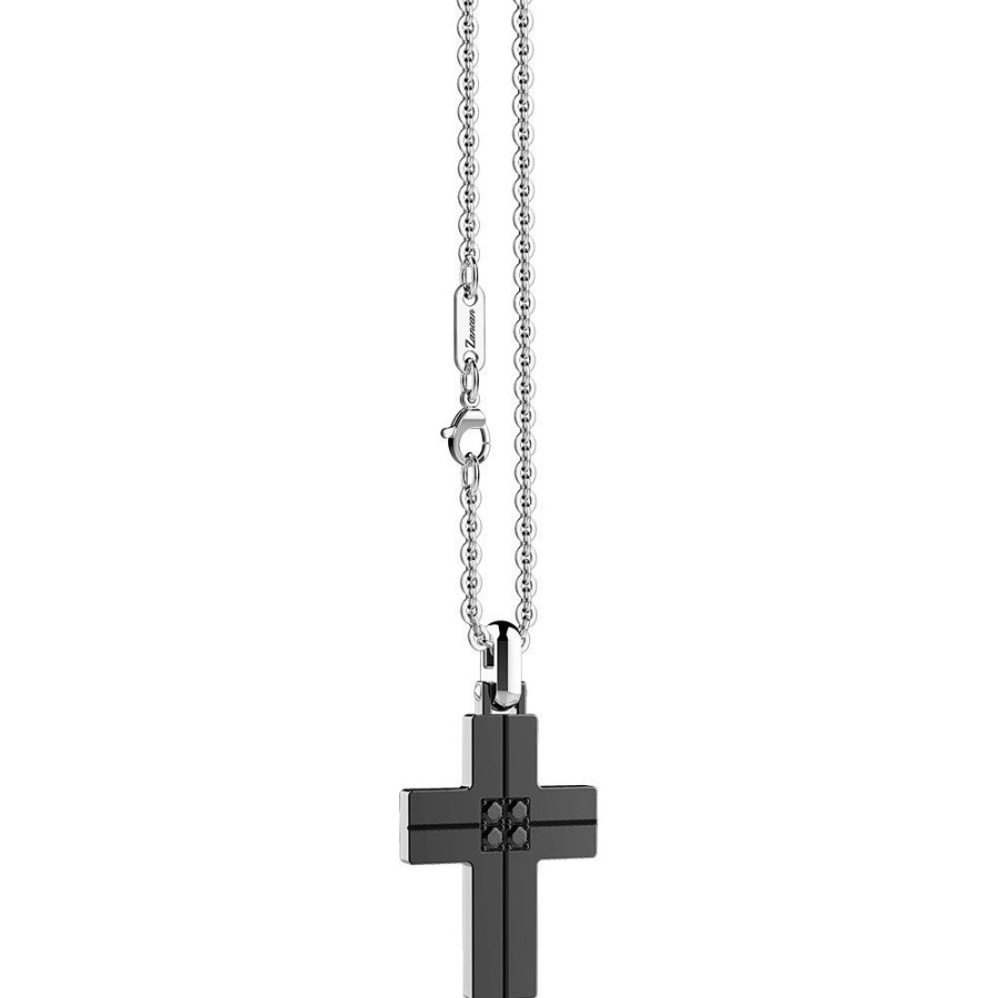 Colliers | Zancan Gioielli Zancan Steel Necklace With Cross And Black Diamonds.