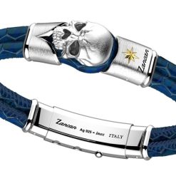 Bracelets | Zancan Gioielli Zancan Leather Bracelet With Silver Skull. Bleu