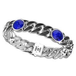 Bracelets | Zancan Gioielli Zancan Broad Silver Curb Chain Bracelet With Striated Black Finish And Blue Stones.