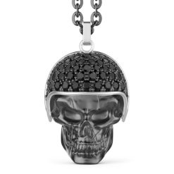 Colliers | Zancan Gioielli Zancan Burnished Silver Necklace With Biker Skull Pendant With Black Stones.