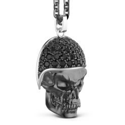 Colliers | Zancan Gioielli Zancan Burnished Silver Necklace With Biker Skull Pendant With Black Stones.