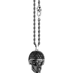 Colliers | Zancan Gioielli Zancan Burnished Silver Necklace With Biker Skull Pendant With Black Stones.