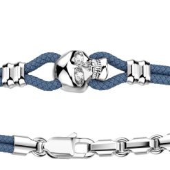 Bracelets | Zancan Gioielli Zancan Kevlar Bracelet With Silver Skull And Stones. Bleu Aviateur