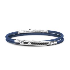 Bracelets | Zancan Gioielli Zancan Natural Leather Bracelet With Silver Tag And Black Stones. Bleu