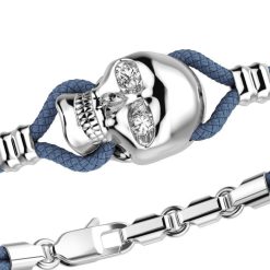 Bracelets | Zancan Gioielli Zancan Kevlar Bracelet With Silver Skull And Stones. Bleu Aviateur