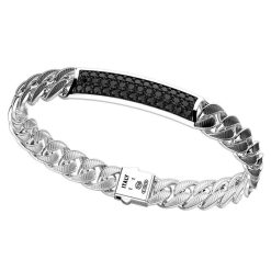 Bracelets | Zancan Gioielli Zancan Silver Curb Chain Bracelet With Striated Finish And Tag With Black Stones.