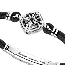 Bracelets | Zancan Gioielli Zancan Kevlar Bracelet With Silver Wind Rose And Black Stone.