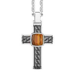 Colliers | Zancan Gioielli Silver Necklace With Cross Pendant And Square Tiger'S Eye.