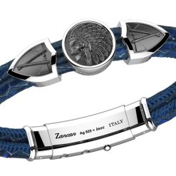 Bracelets | Zancan Gioielli Zancan Leather Bracelet Tag And With Native American Skull. Bleu