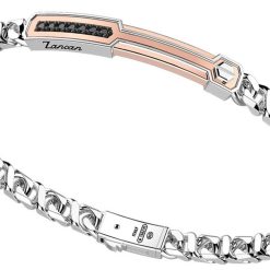 Bracelets | Zancan Gioielli Zancan Silver Curb Chain Bracelet With Tag And Rose Gold Inserts And Black Stones.