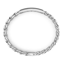 Bracelets | Zancan Gioielli Zancan Broad Silver Curb Chain Bracelet With Striated Finish And Tag With Black Stones.