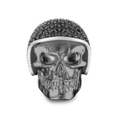 Bagues | Zancan Gioielli Zancan Burnished Silver Biker Skull Ring With Black Stones. 18