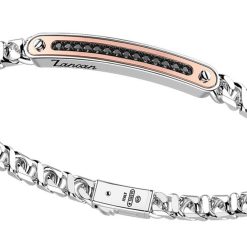 Bracelets | Zancan Gioielli Zancan Silver Curb Chain Bracelet With Tag And Rose Gold Inserts And Black Stones.