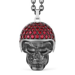 Colliers | Zancan Gioielli Zancan Silver Necklace With Biker Skull Pendant With Red Stones.