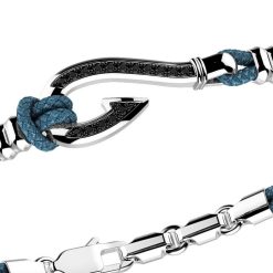 Bracelets | Zancan Gioielli Zancan Kevlar Bracelet With Silver Hook And Black Stones. Bleu Aviateur